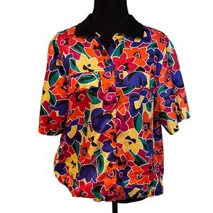 Lauren Lee Woman Button Up Short Sleeve Blouse Bold Floral Print‎ Size 16